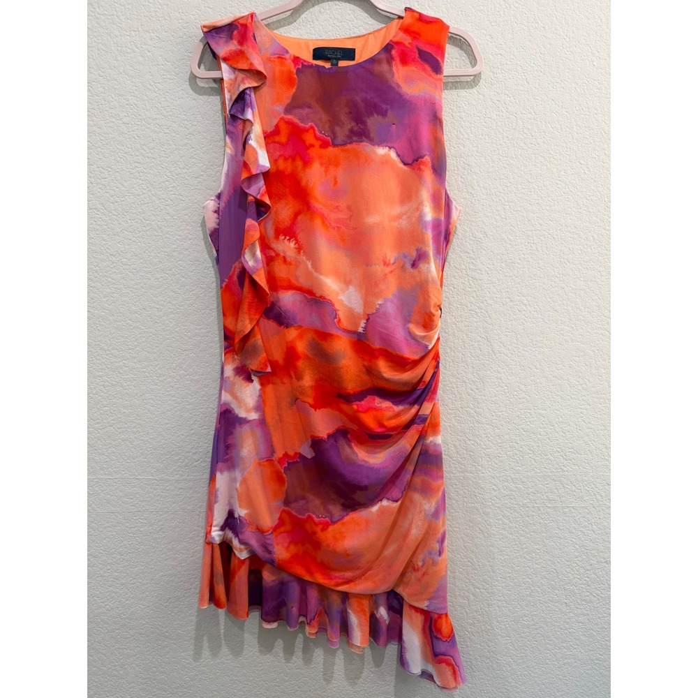 Rachel Roy Ruffle Mini Dress Multicolor XL Watercolor Mesh Ruched Asymmetrical - Picture 2 of 8